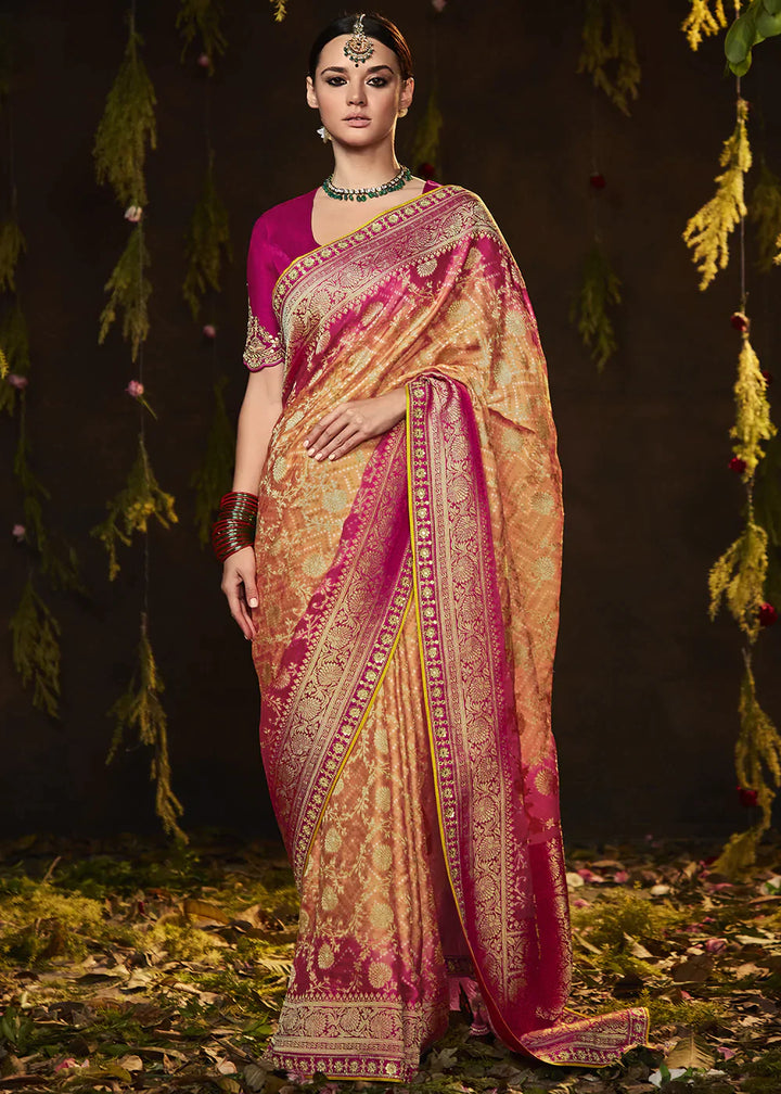 Orange & Pink Zari Weaving Georgette Silk Saree with Embroidery Designer Blouse