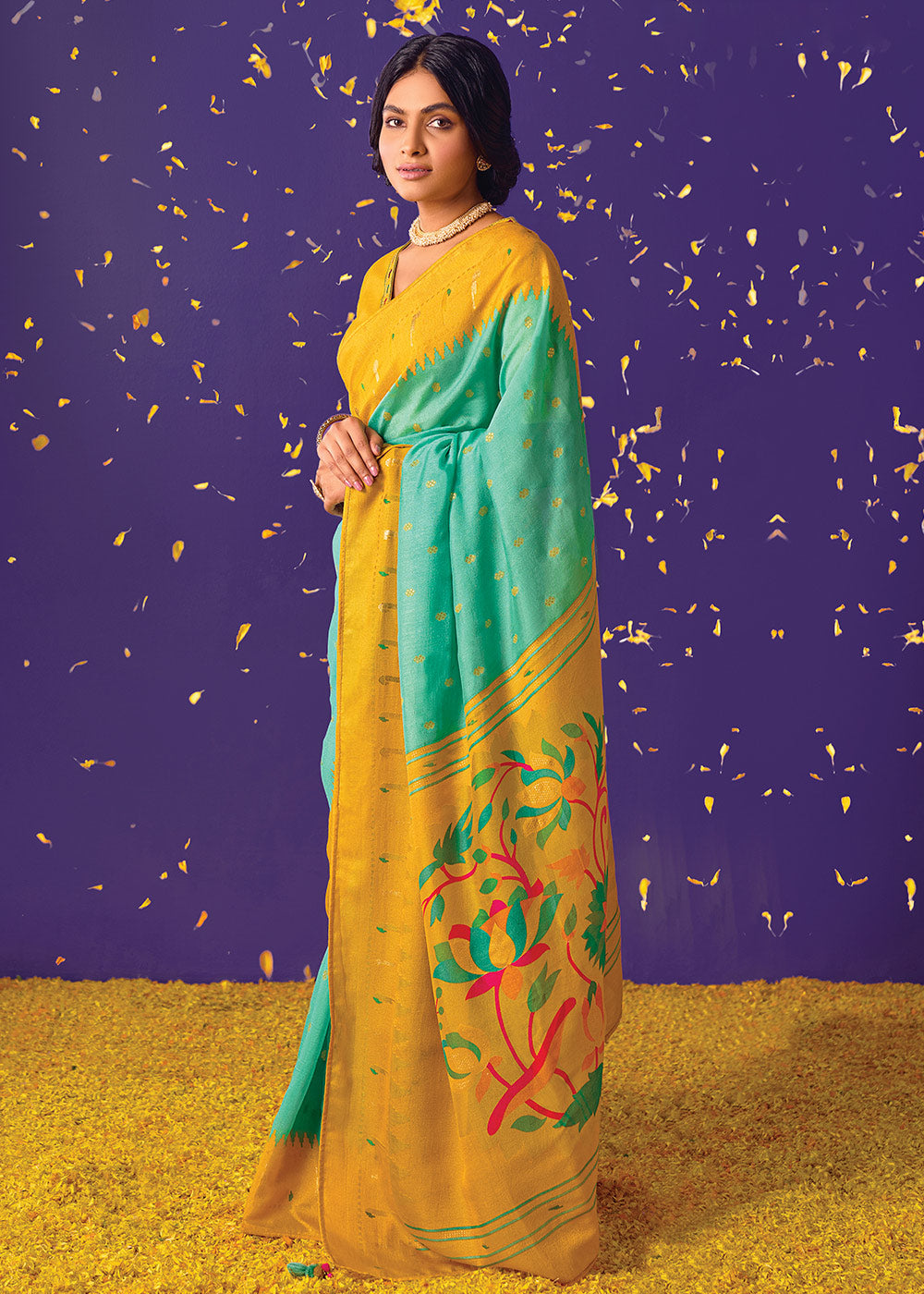 Green & Yellow Printed Paithani Silk Saree with Embroidered Blouse