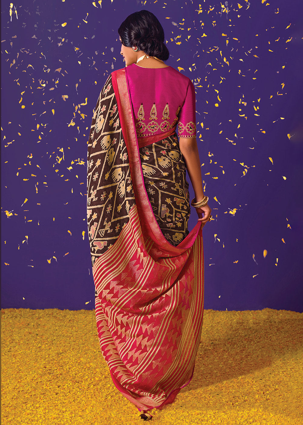 Chocolate Brown Printed Paithani Silk Saree with Embroidered Blouse