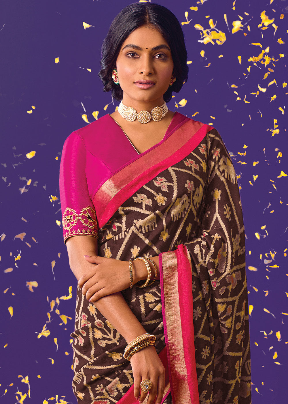 Chocolate Brown Printed Paithani Silk Saree with Embroidered Blouse