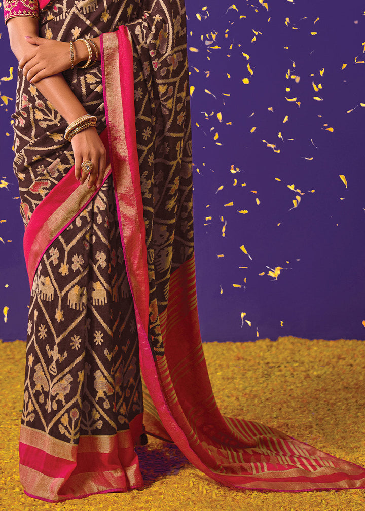 Chocolate Brown Printed Paithani Silk Saree with Embroidered Blouse