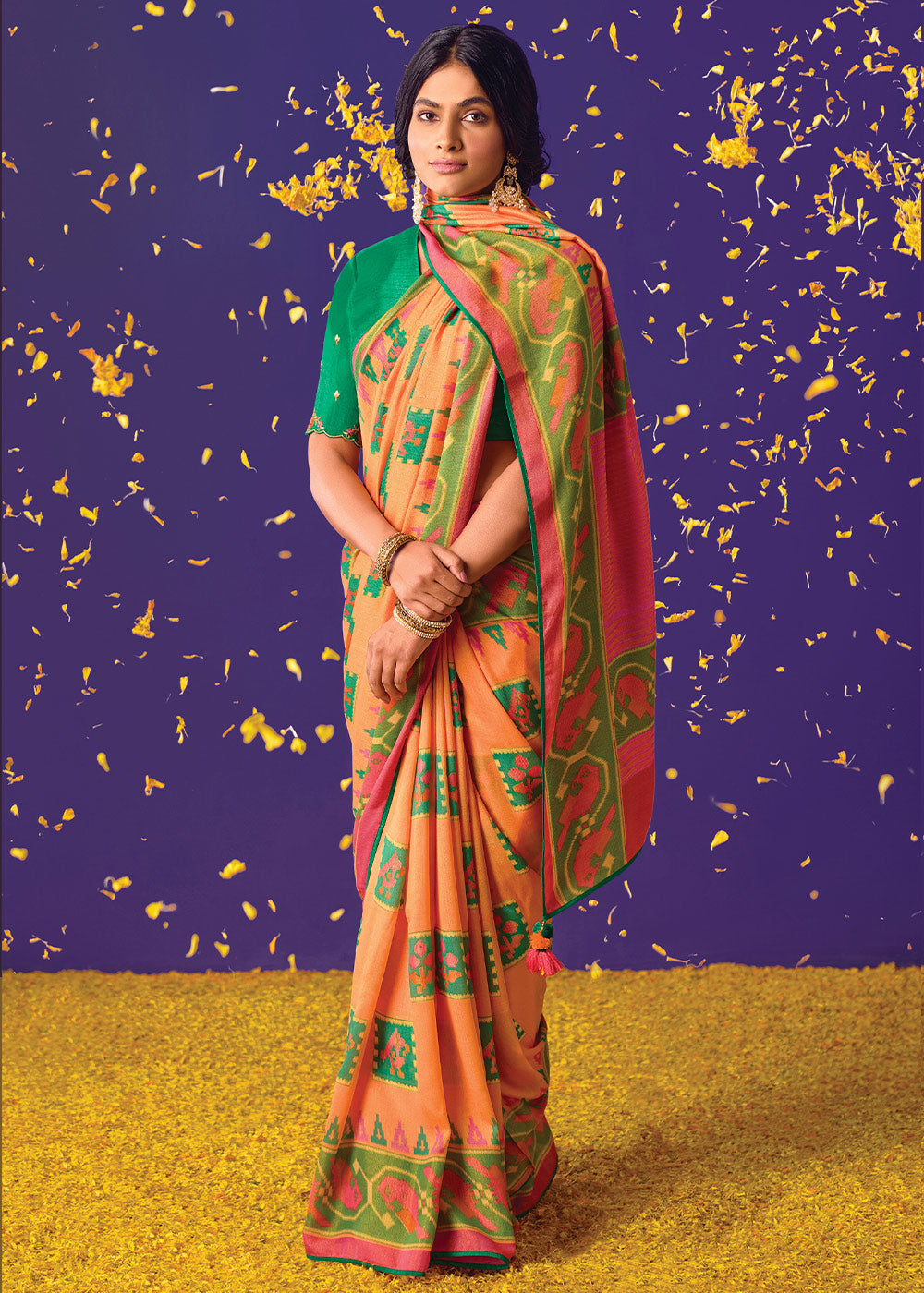 Orange & Pink Printed Paithani Silk Saree with Embroidered Blouse