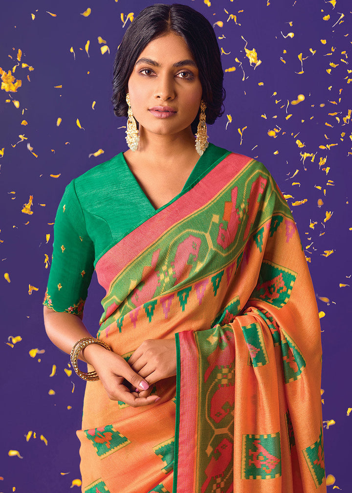 Orange & Pink Printed Paithani Silk Saree with Embroidered Blouse