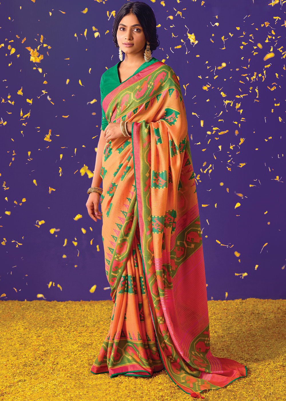 Orange & Pink Printed Paithani Silk Saree with Embroidered Blouse