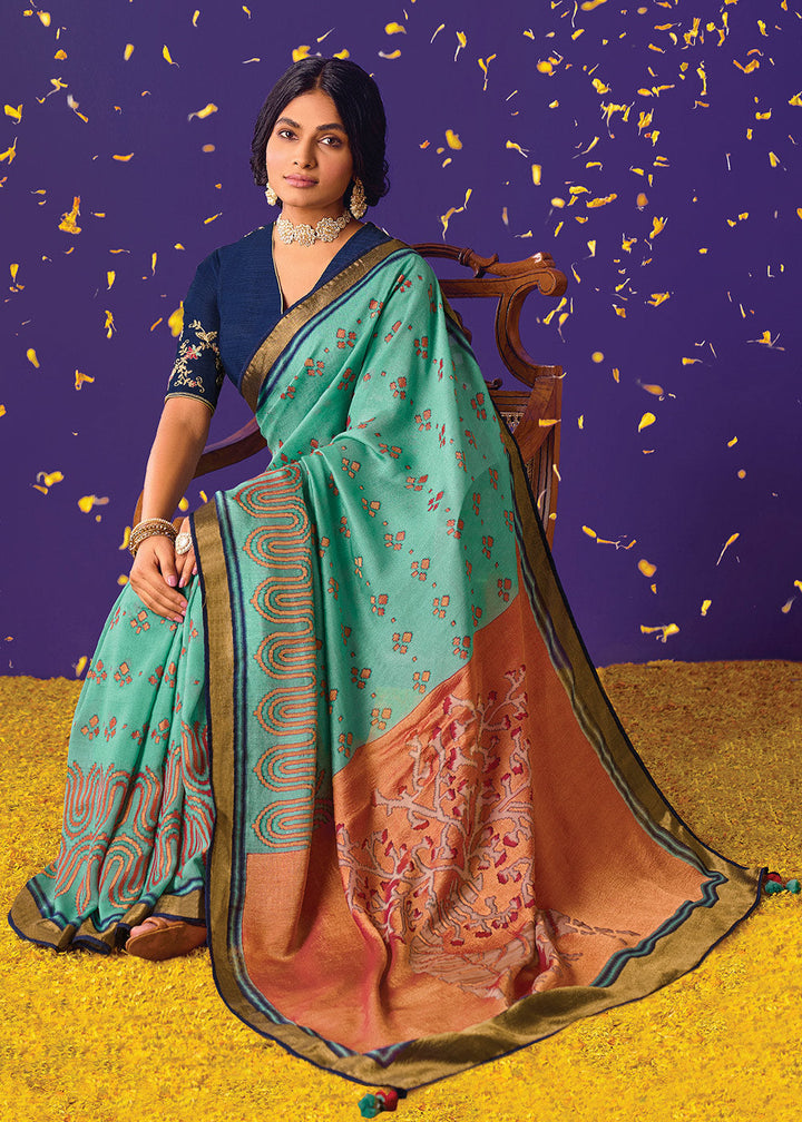 Blue & Orange Printed Paithani Silk Saree with Embroidered Blouse