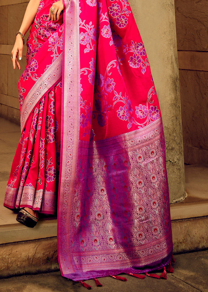 Pink & Purple Zari Woven Satin Silk Saree