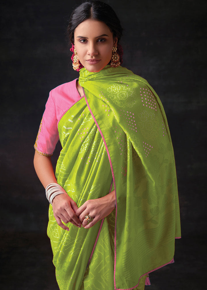 Chartreuse Green Bandhani Print Soft Silk Saree with Contrast Blouse