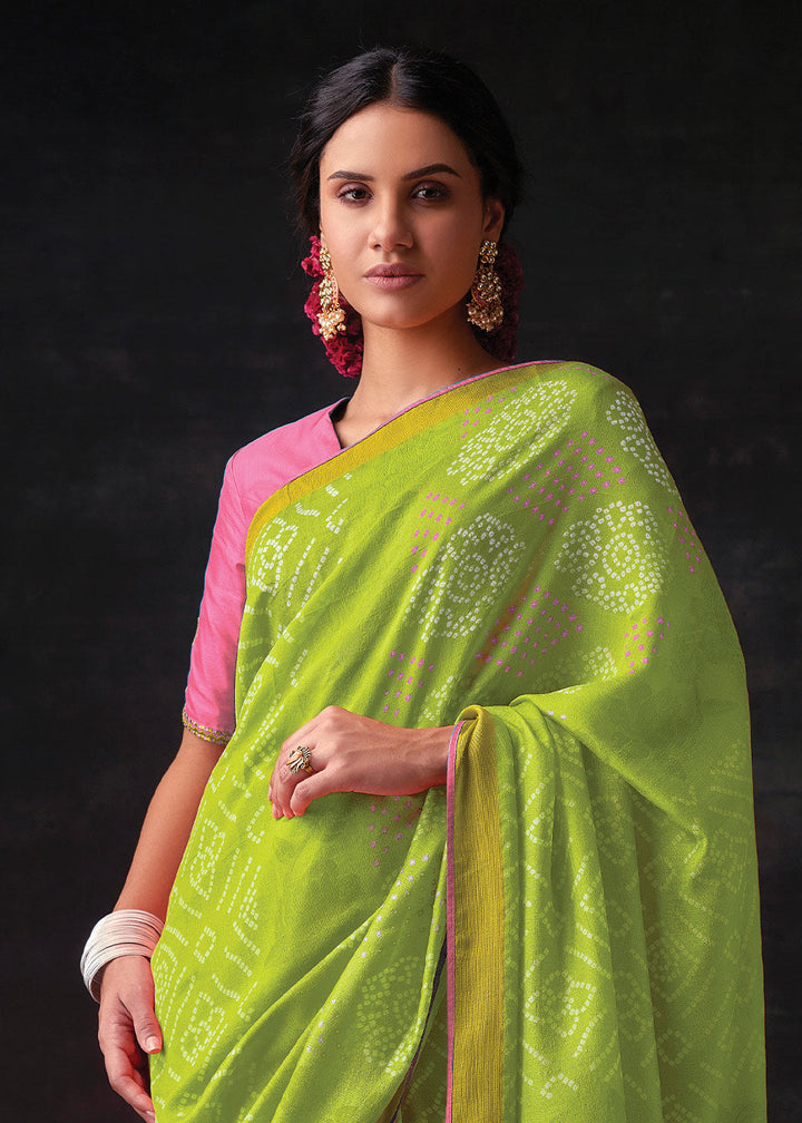 Chartreuse Green Bandhani Print Soft Silk Saree with Contrast Blouse