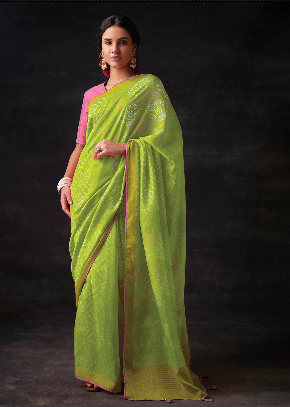 Chartreuse Green Bandhani Print Soft Silk Saree with Contrast Blouse