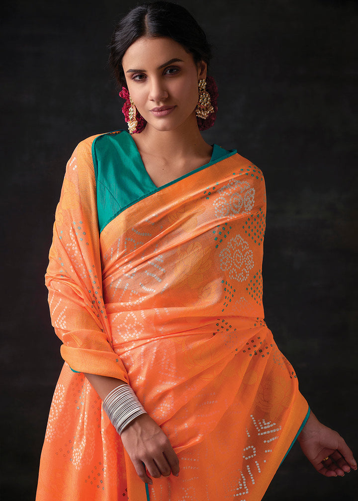 Sunrise Orange Bandhani Print Soft Silk Saree with Contrast Blouse