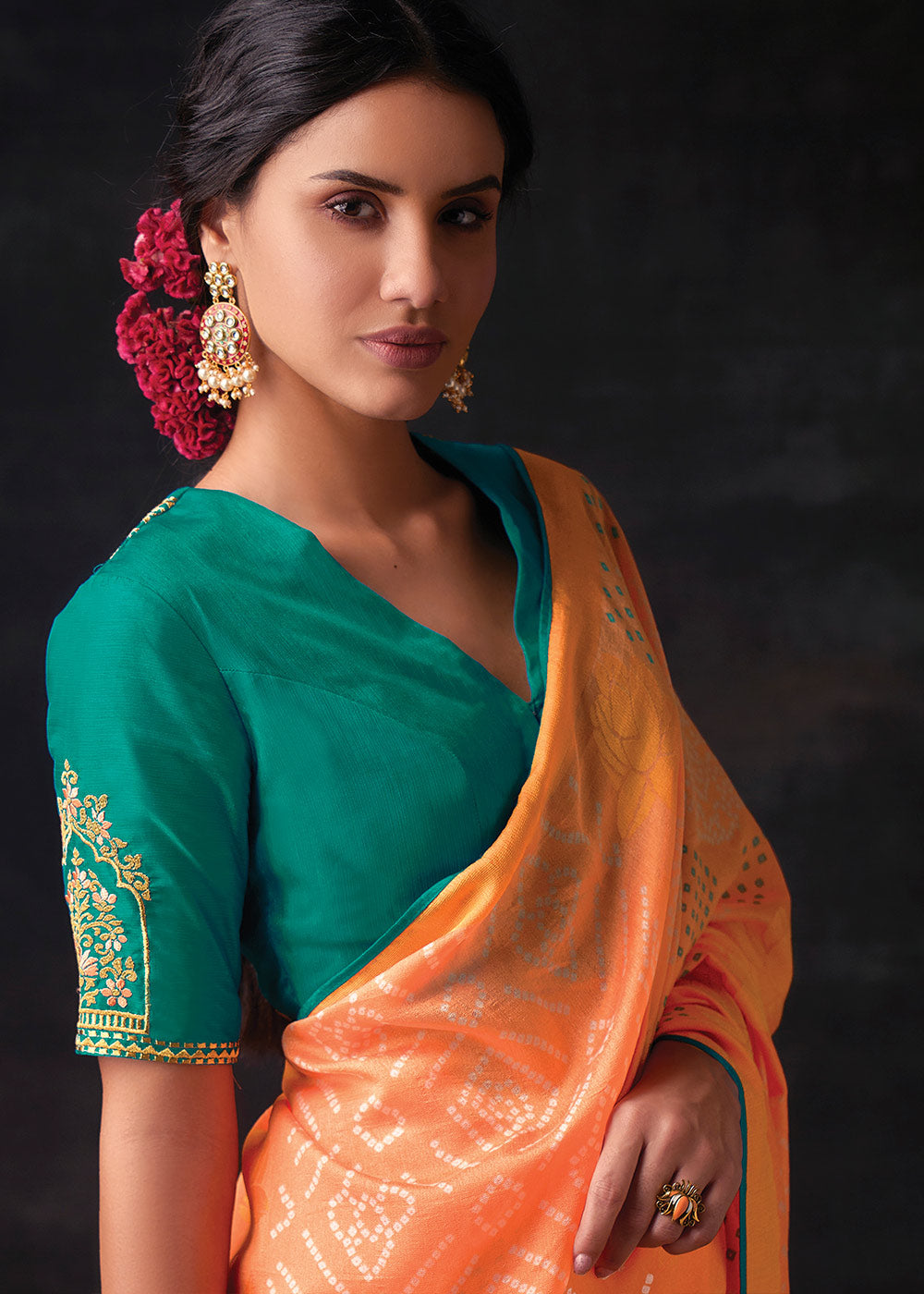 Sunrise Orange Bandhani Print Soft Silk Saree with Contrast Blouse