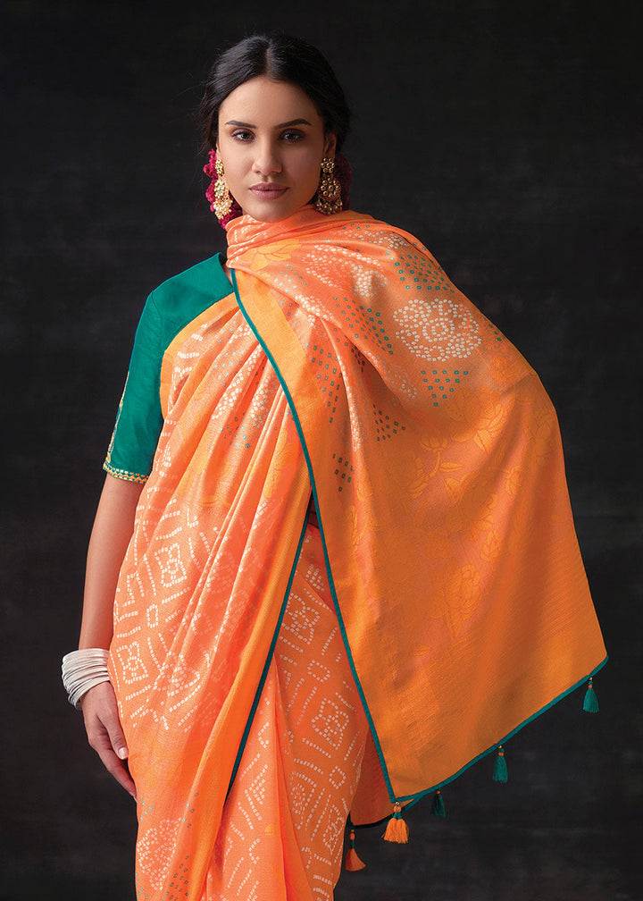 Sunrise Orange Bandhani Print Soft Silk Saree with Contrast Blouse