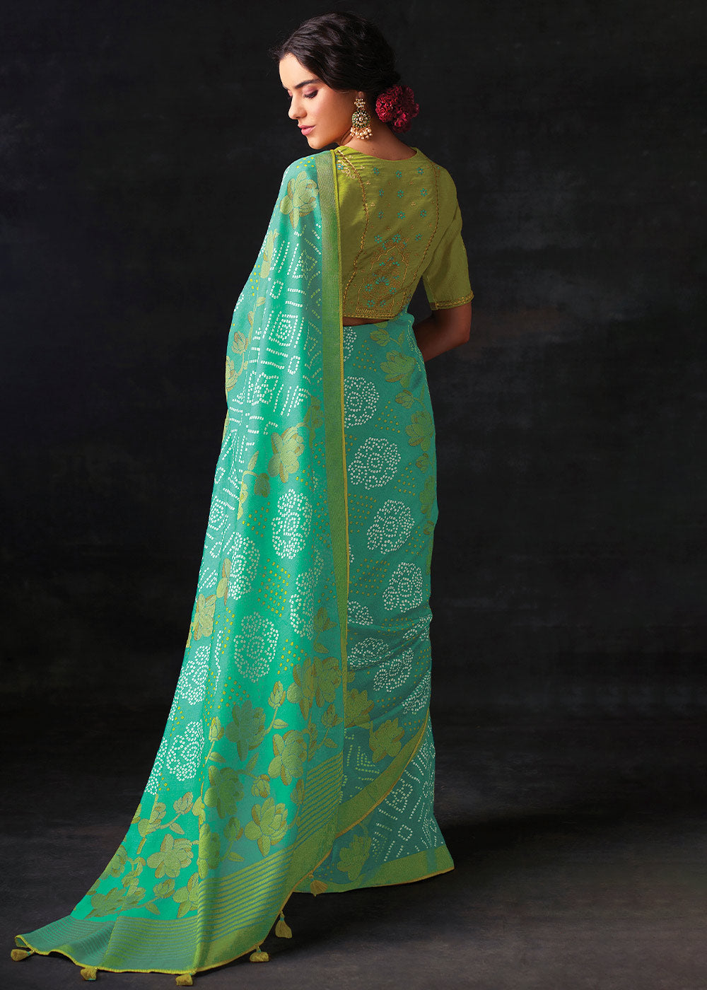 Light Turquoise Blue Bandhani Print Soft Silk Saree with Contrast Blouse