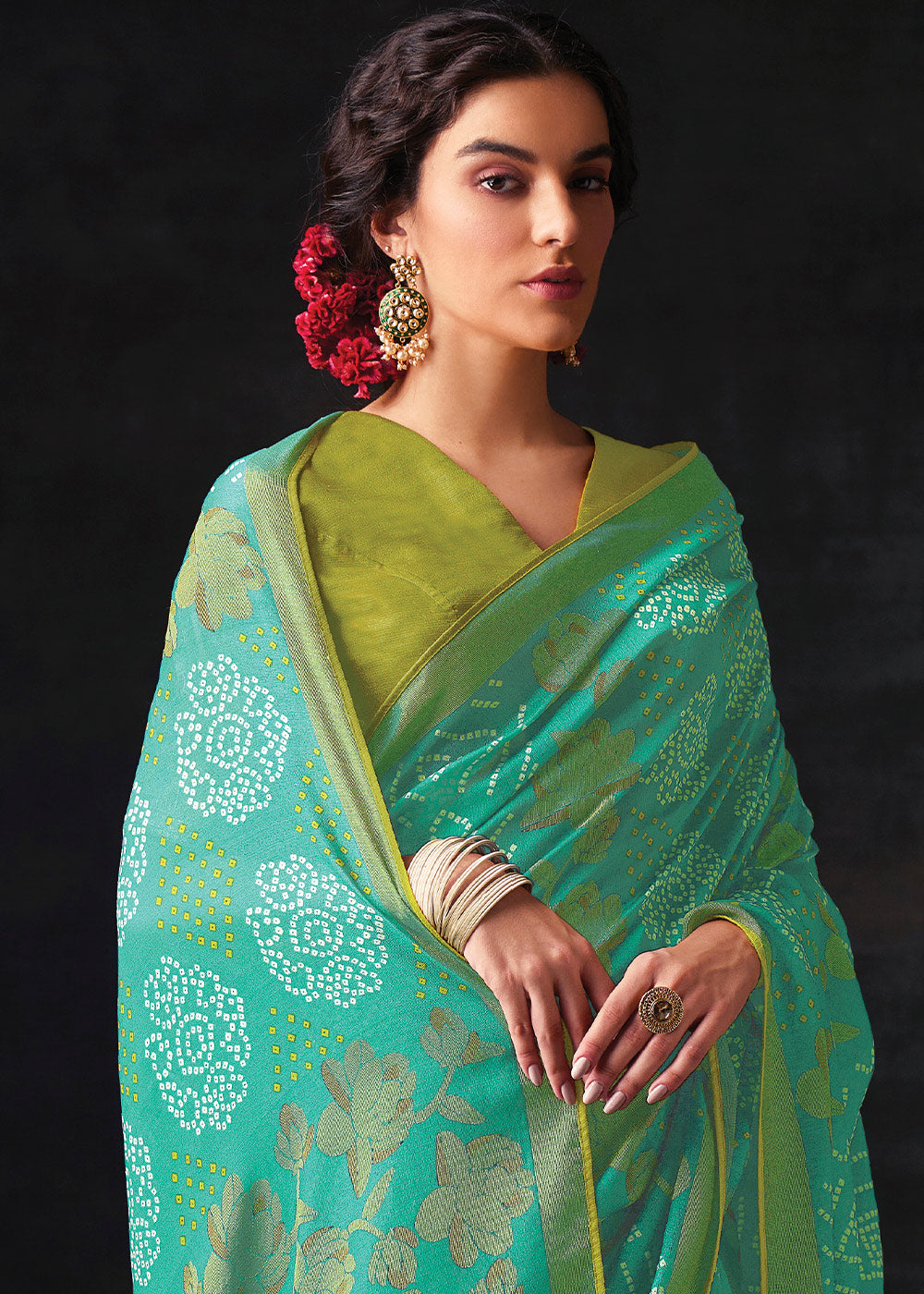 Light Turquoise Blue Bandhani Print Soft Silk Saree with Contrast Blouse