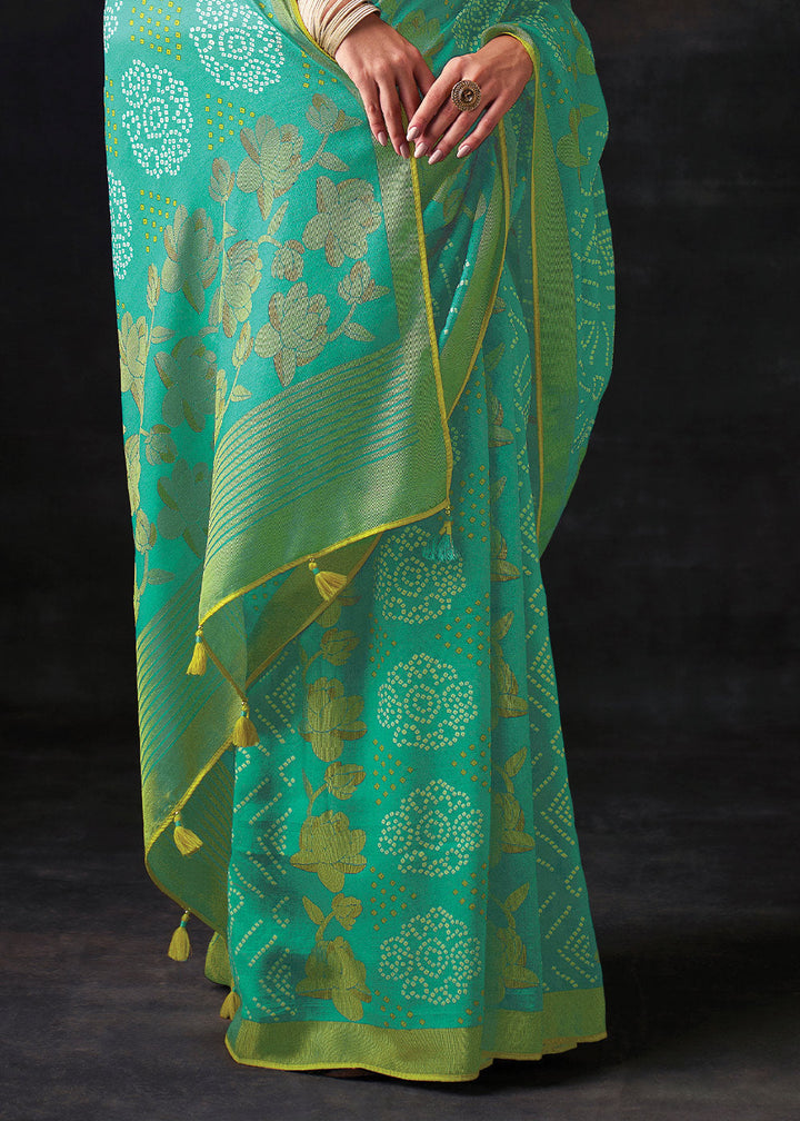 Light Turquoise Blue Bandhani Print Soft Silk Saree with Contrast Blouse