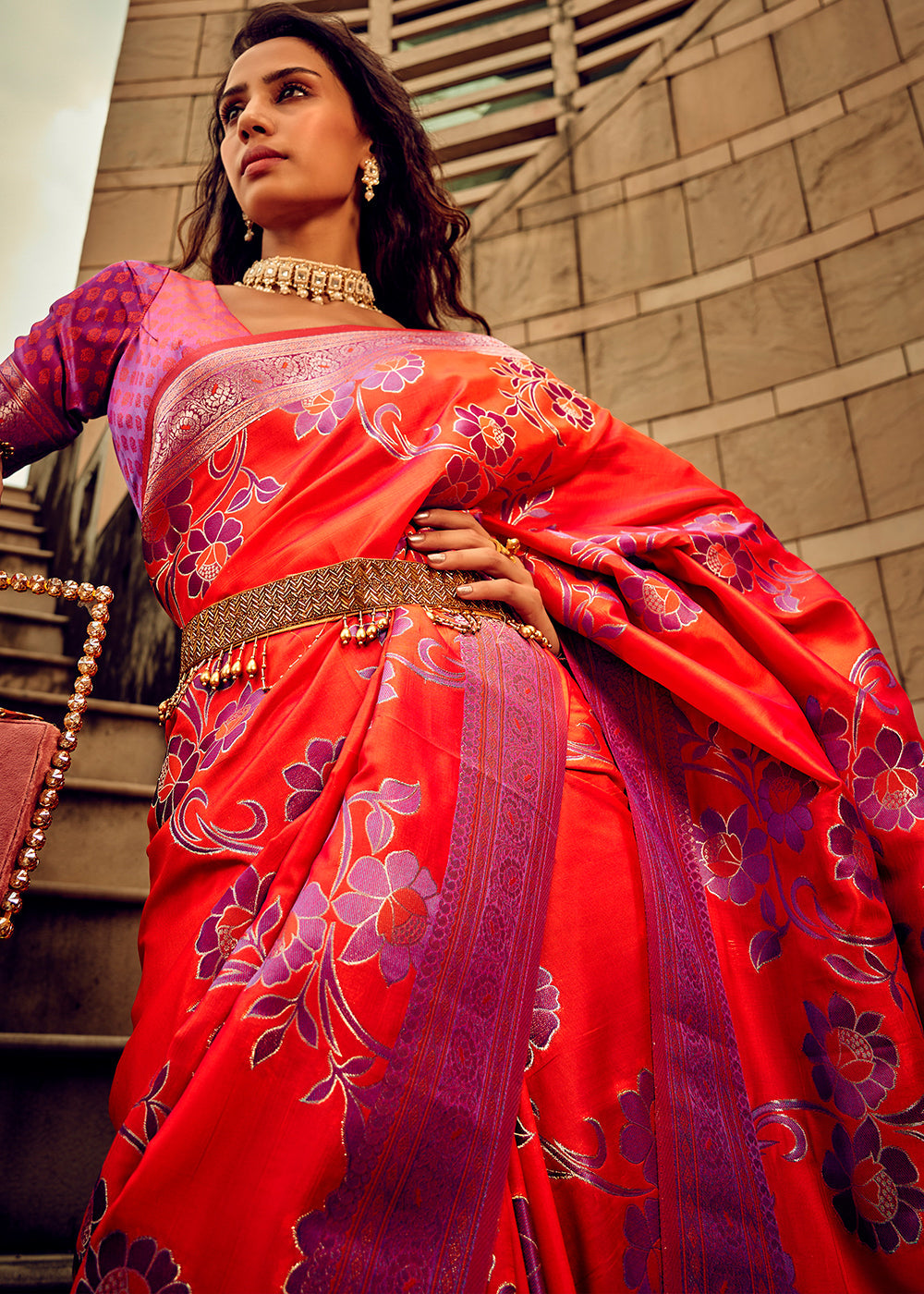 Bright Orange Zari Woven Satin Silk Saree