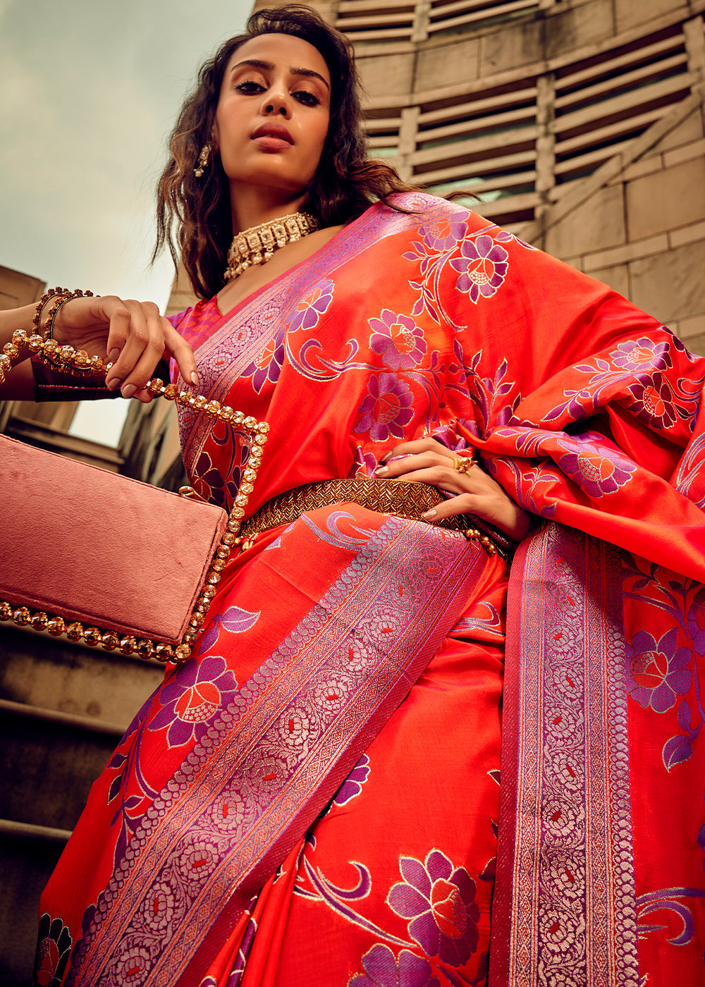 Bright Orange Zari Woven Satin Silk Saree