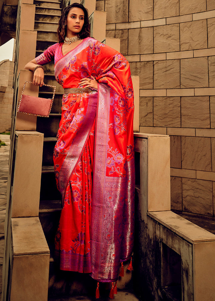 Bright Orange Zari Woven Satin Silk Saree