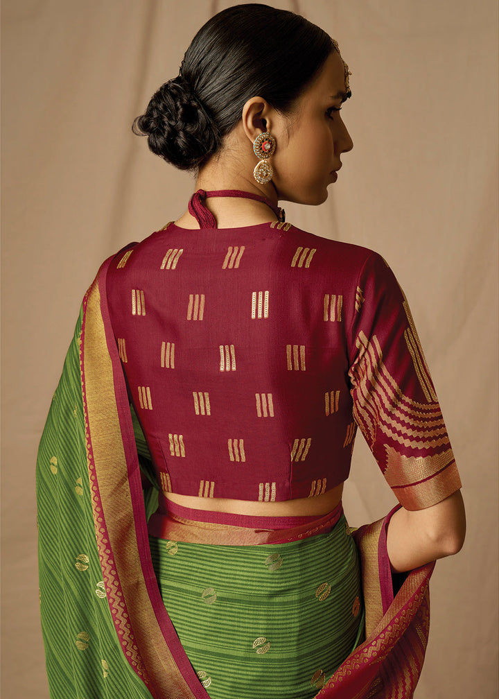 Green & Red Woven Soft Silk Saree