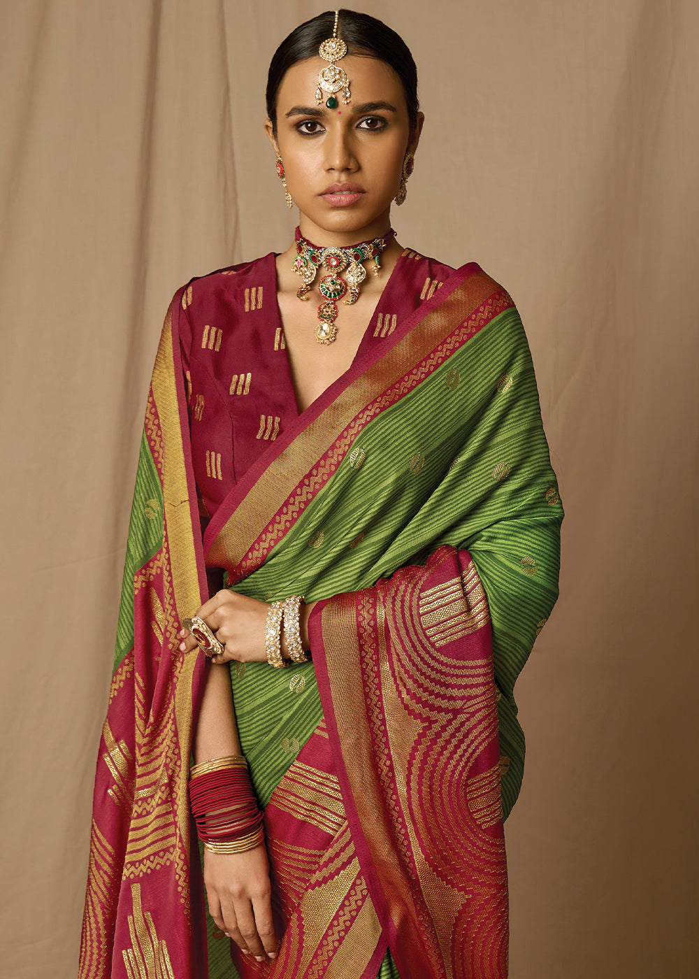 Green & Red Woven Soft Silk Saree