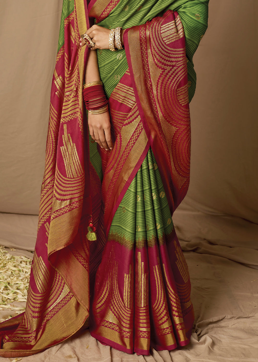 Green & Red Woven Soft Silk Saree