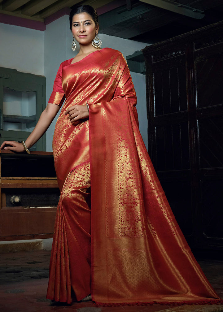 Orange Red Woven Kanjivaram Silk Saree