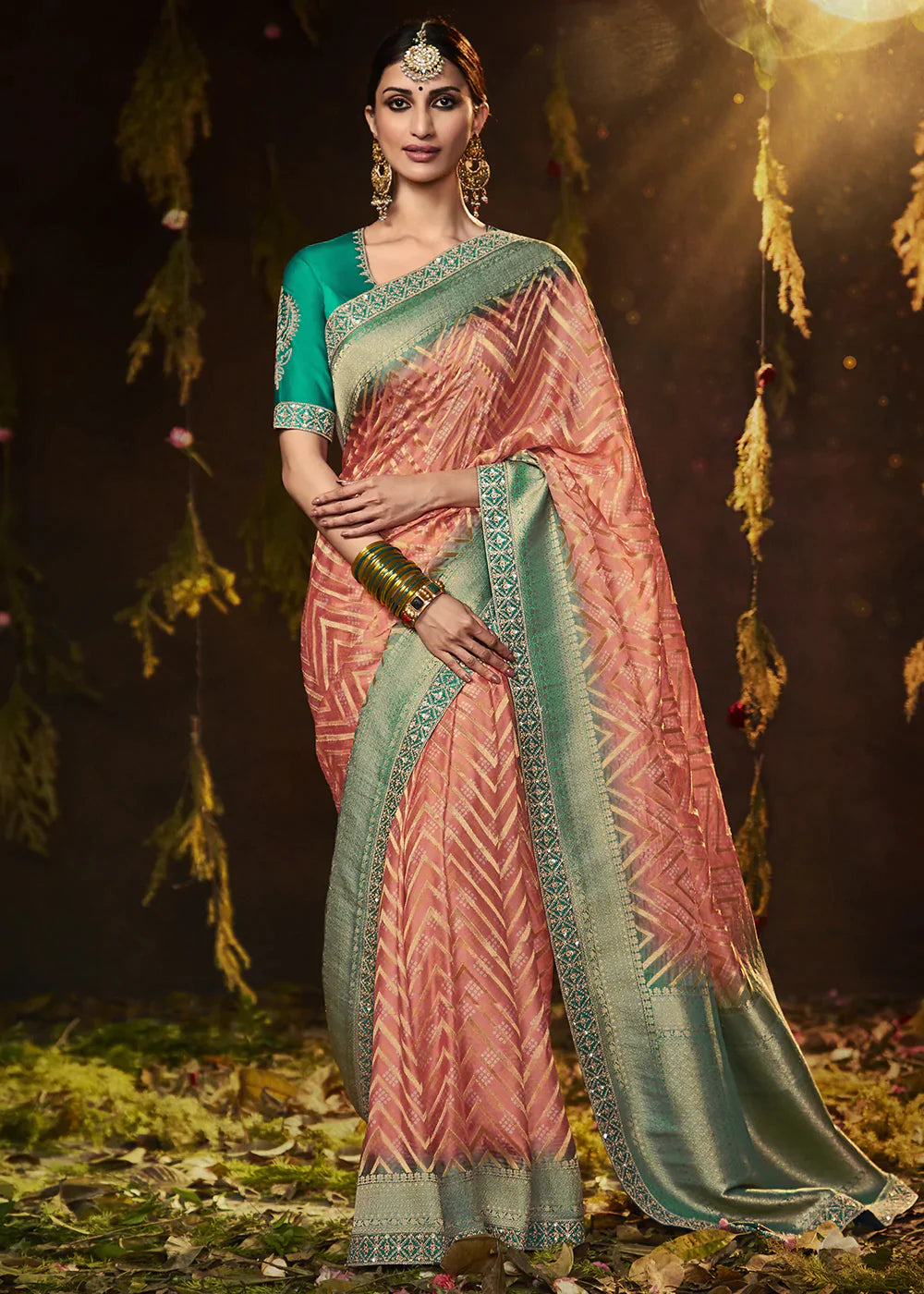 Salmon Pink Zari Weaving Georgette Silk Saree with Embroidery Designer Blouse