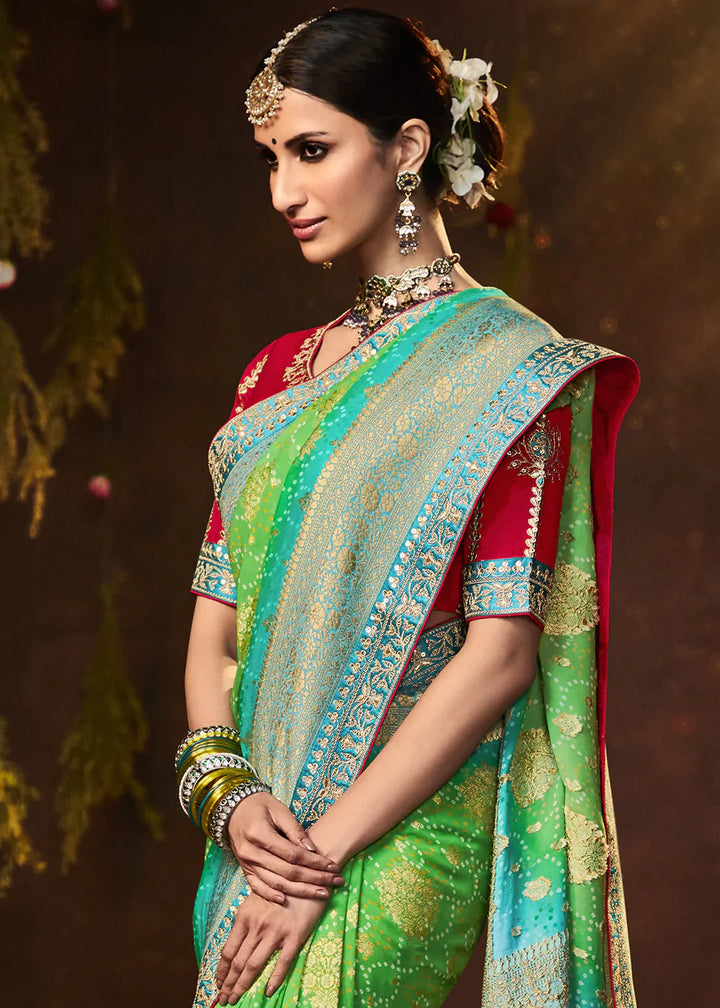 Light Green Zari Weaving Georgette Silk Saree with Embroidery Designer Blouse