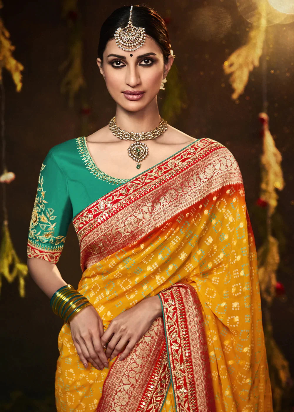 Merigold Orange Zari Weaving Georgette Silk Saree with Embroidery Designer Blouse