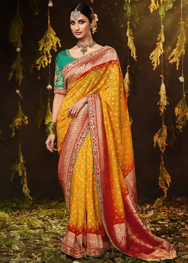 Merigold Orange Zari Weaving Georgette Silk Saree with Embroidery Designer Blouse