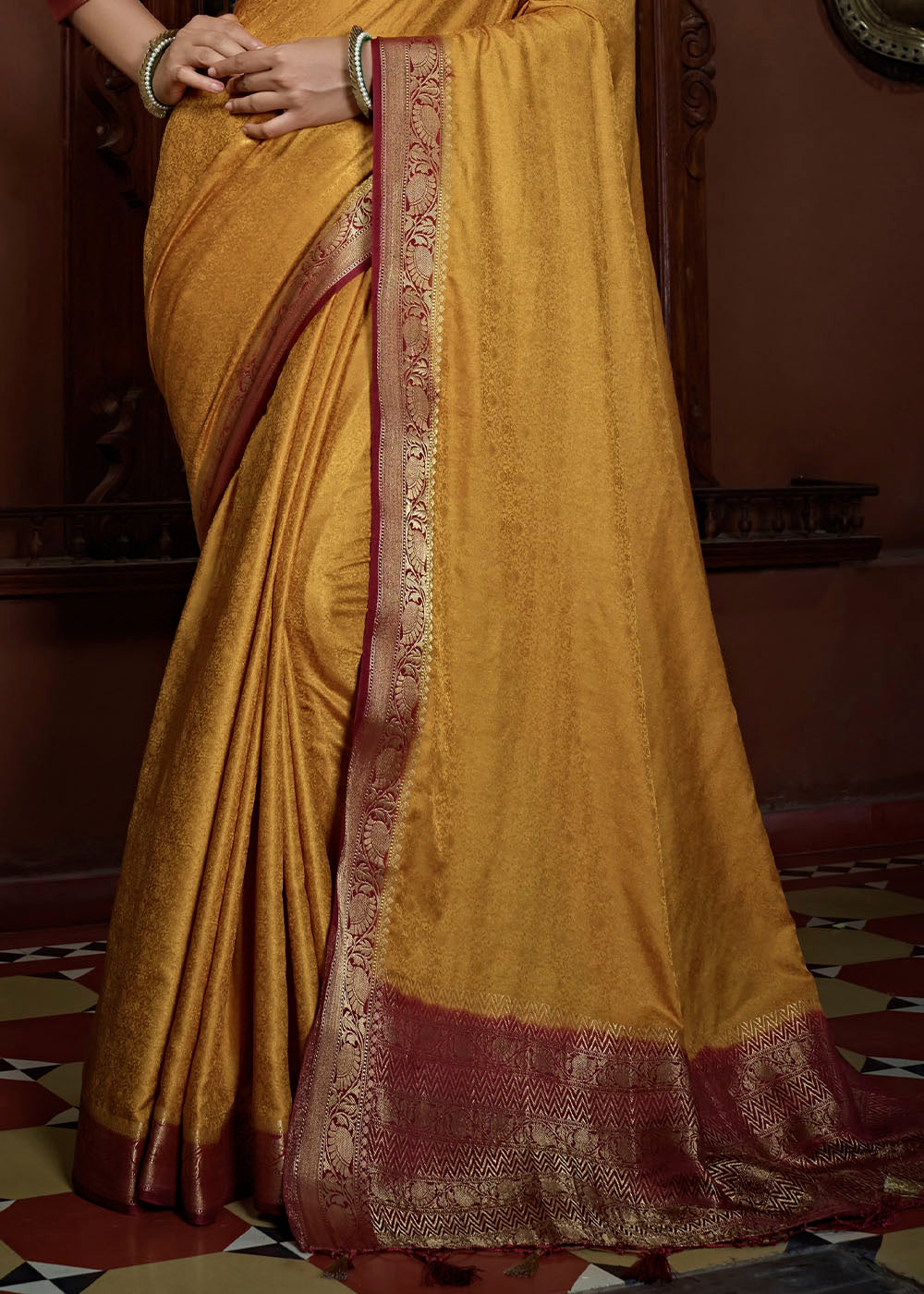 Dandelion Yellow Woven Designer Satin Silk Saree