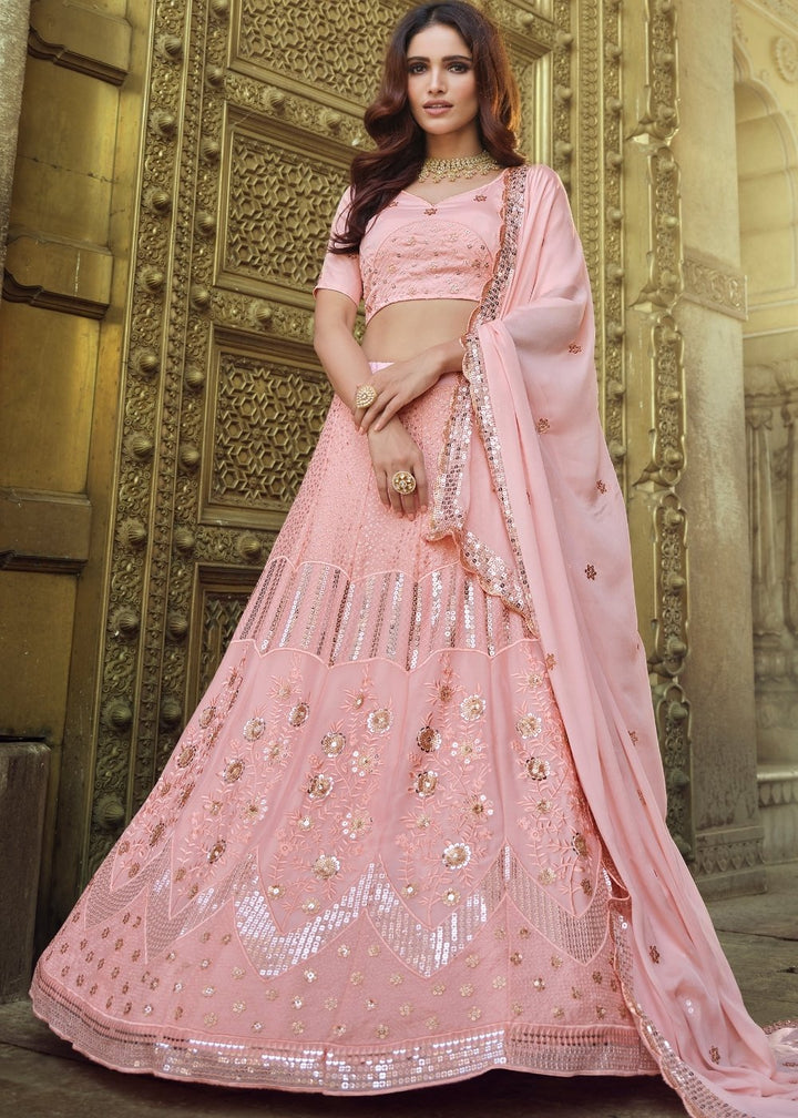 Flamingo Pink Georgette Lehenga Choli with Sequins & Thread work