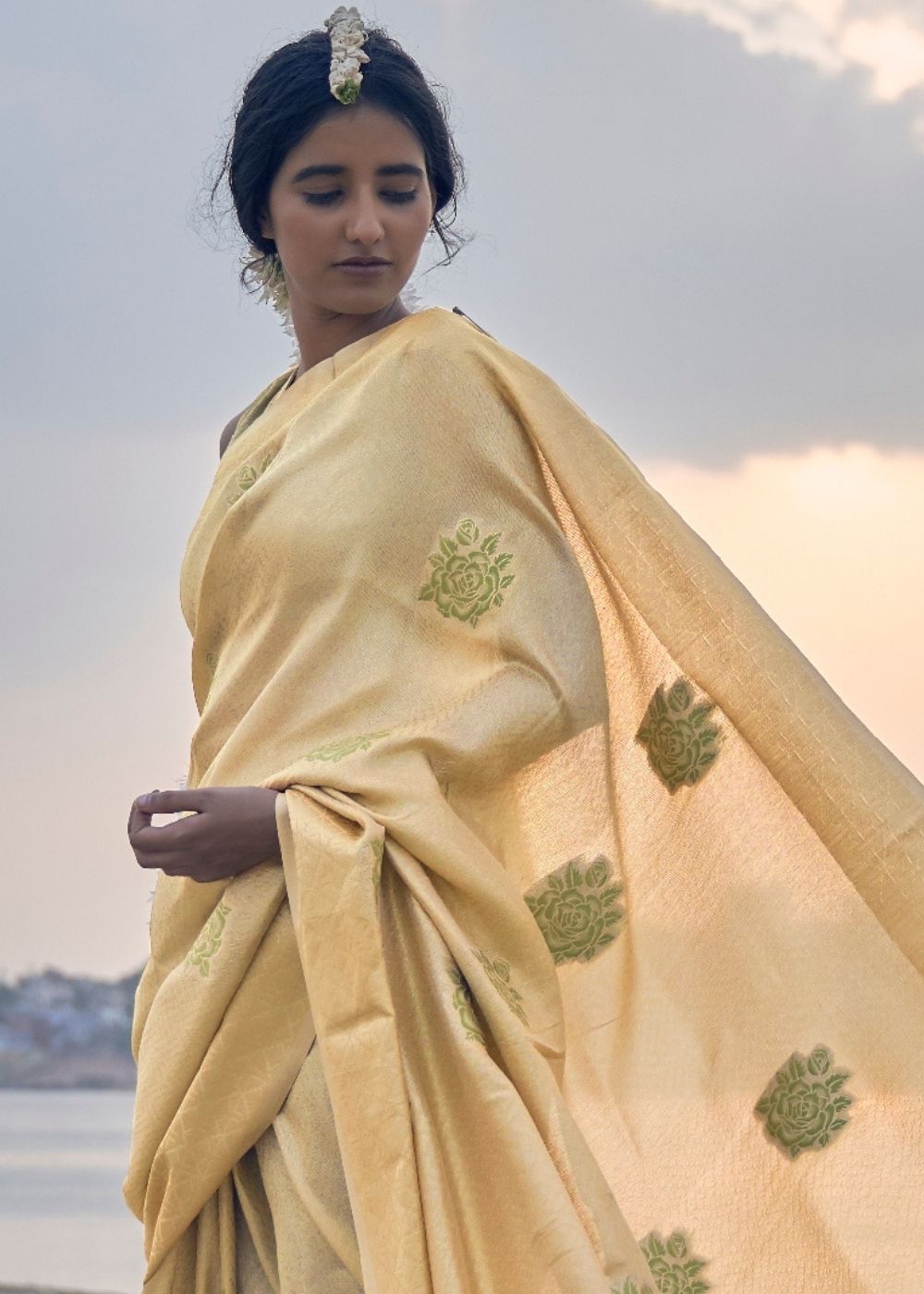 Saffron Yellow Linen Silk Saree with Zari Woven Butti overall