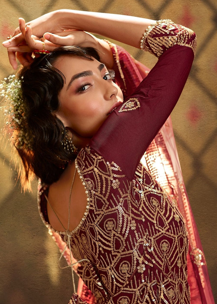 Berry Red Designer Soft Net Sharara Suit with overall Sequins work