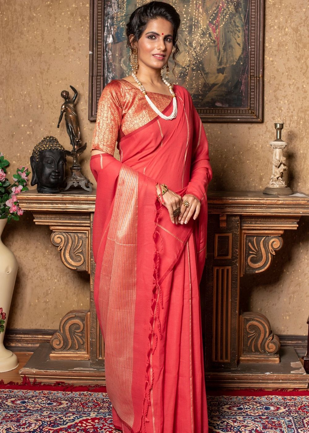 Blush Red Zari Woven Linen Saree