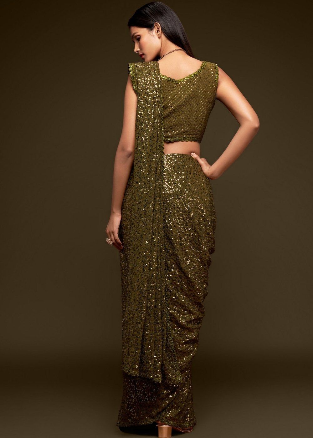 Army Green Sequins & Thread Embroidered Designer Georgette Saree