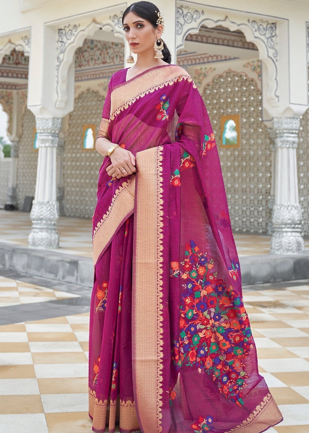 Magenta Purple Floral Embroidered Linen Silk Saree