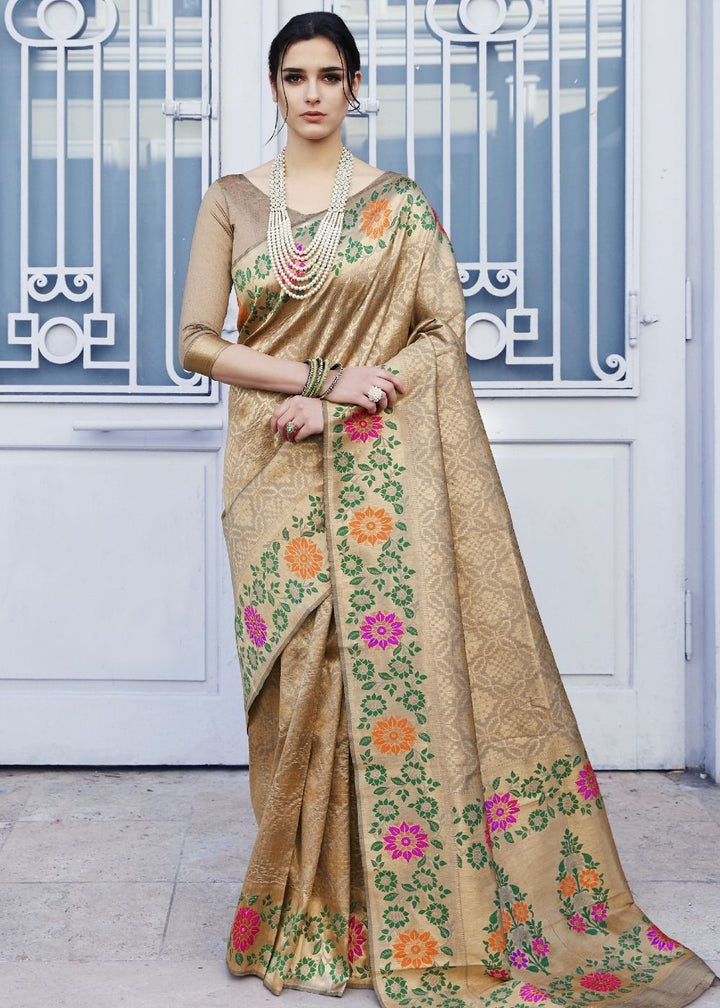 Cedar Brown and Golden Blend Silk Saree with Floral Woven Border and Pallu