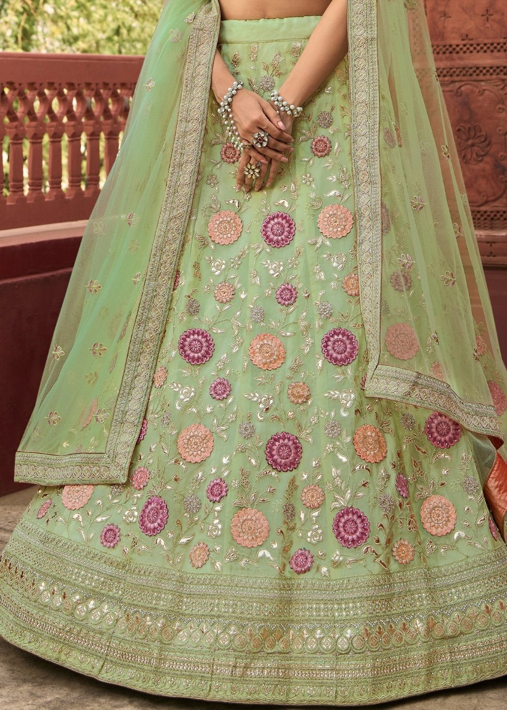 Pastel Green Organza Lehenga Choli with Dori, Thread & Zarkan work