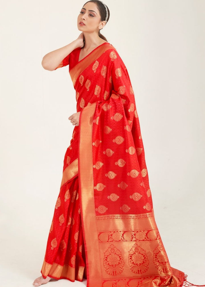 Ferrari Red Zari Butta Woven Banasari Silk Saree