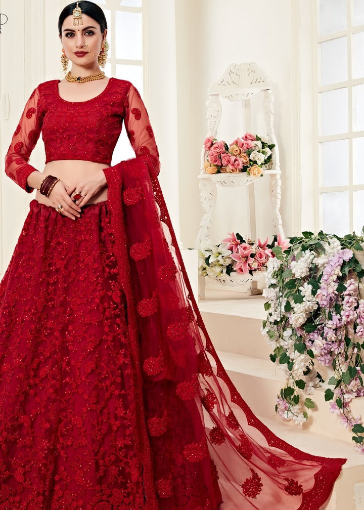 Scarlet Red Soft Net Lehenga Choli with Cording Embroidery & Stonework