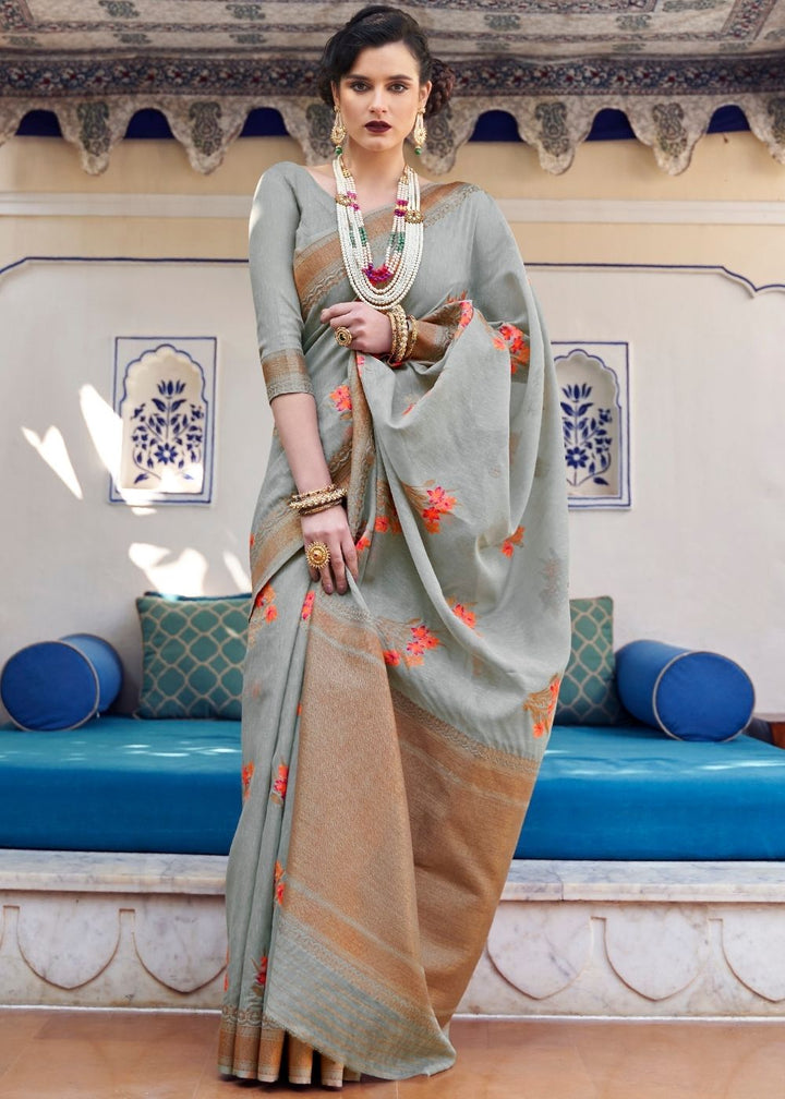 Metal Gray Pure Linen Woven Silk Saree with Resham work