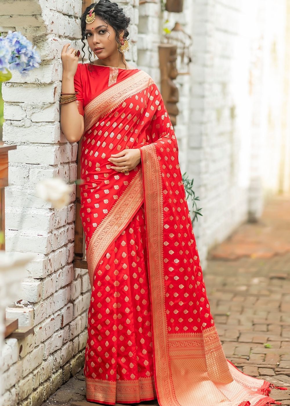 Ferrari Red Soft Banarasi Silk Saree with overall Butti