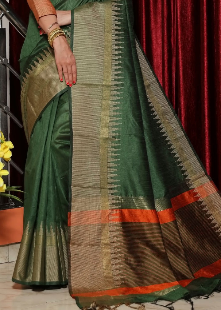 Hunter Green Art Silk Saree with Temple Border