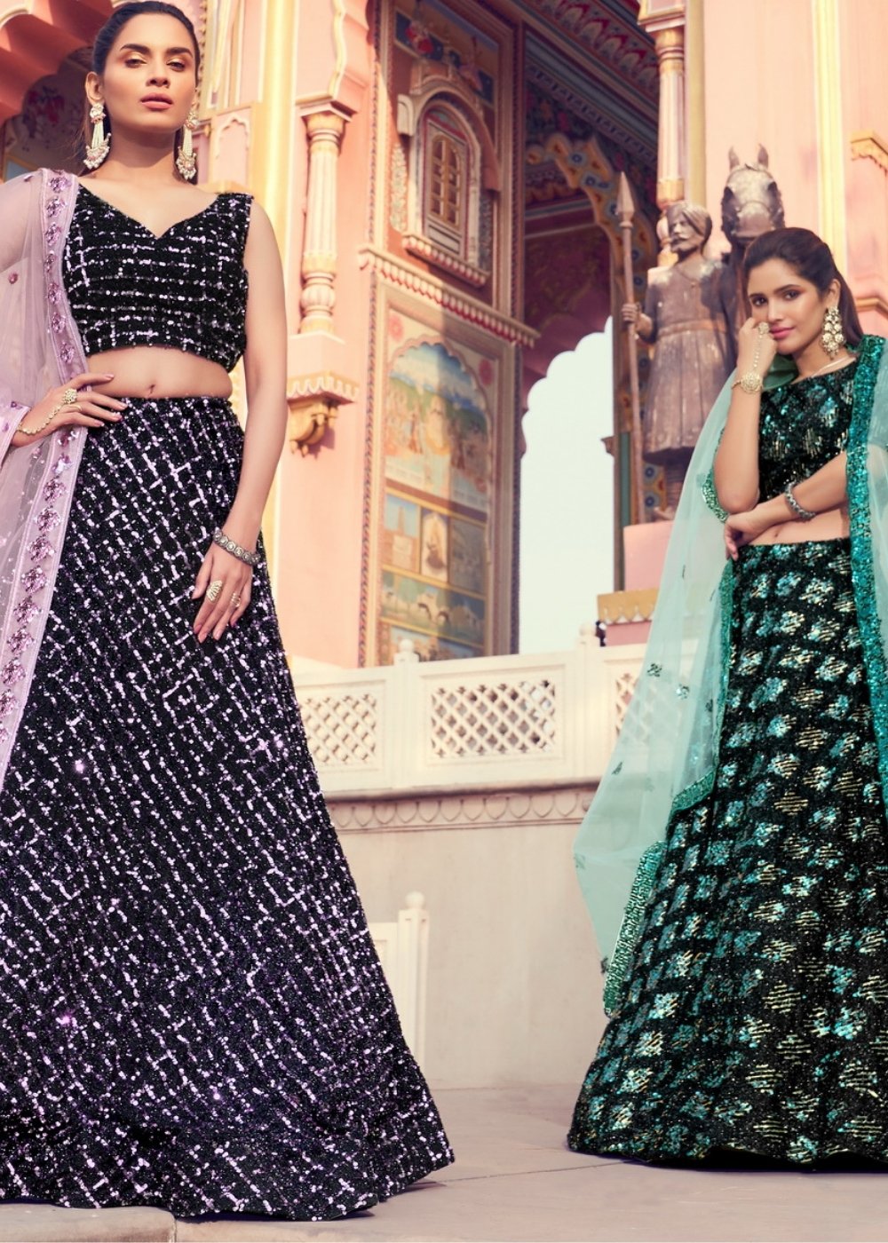 Black & Green Designer Lehenga Choli with Sequins work