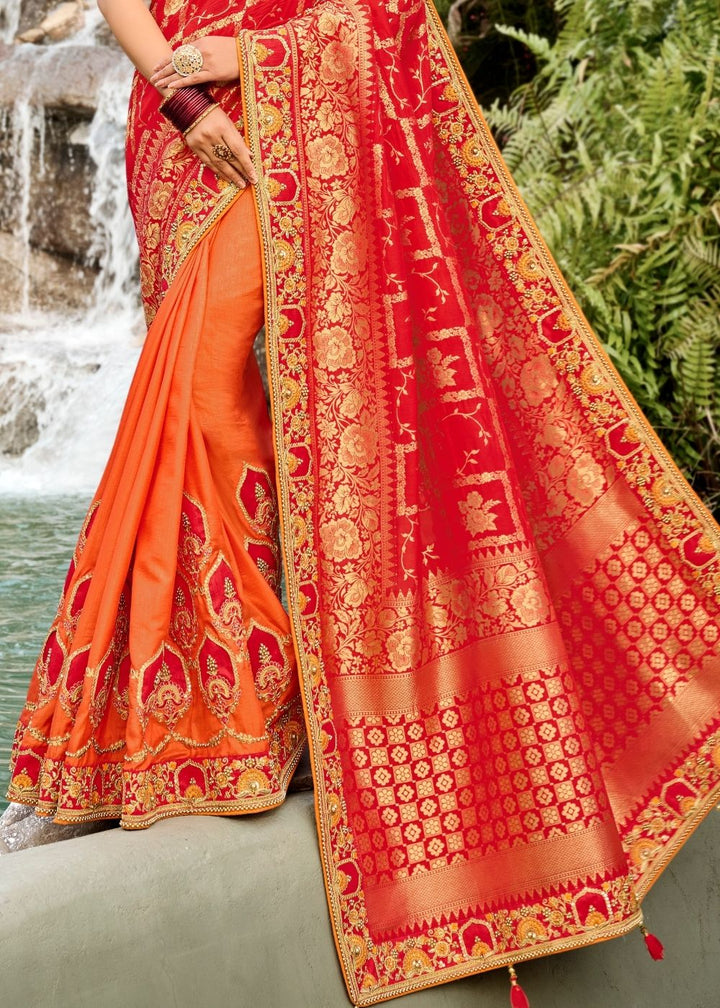 Orange and Red Half N Half Silk Saree with Embroidered work