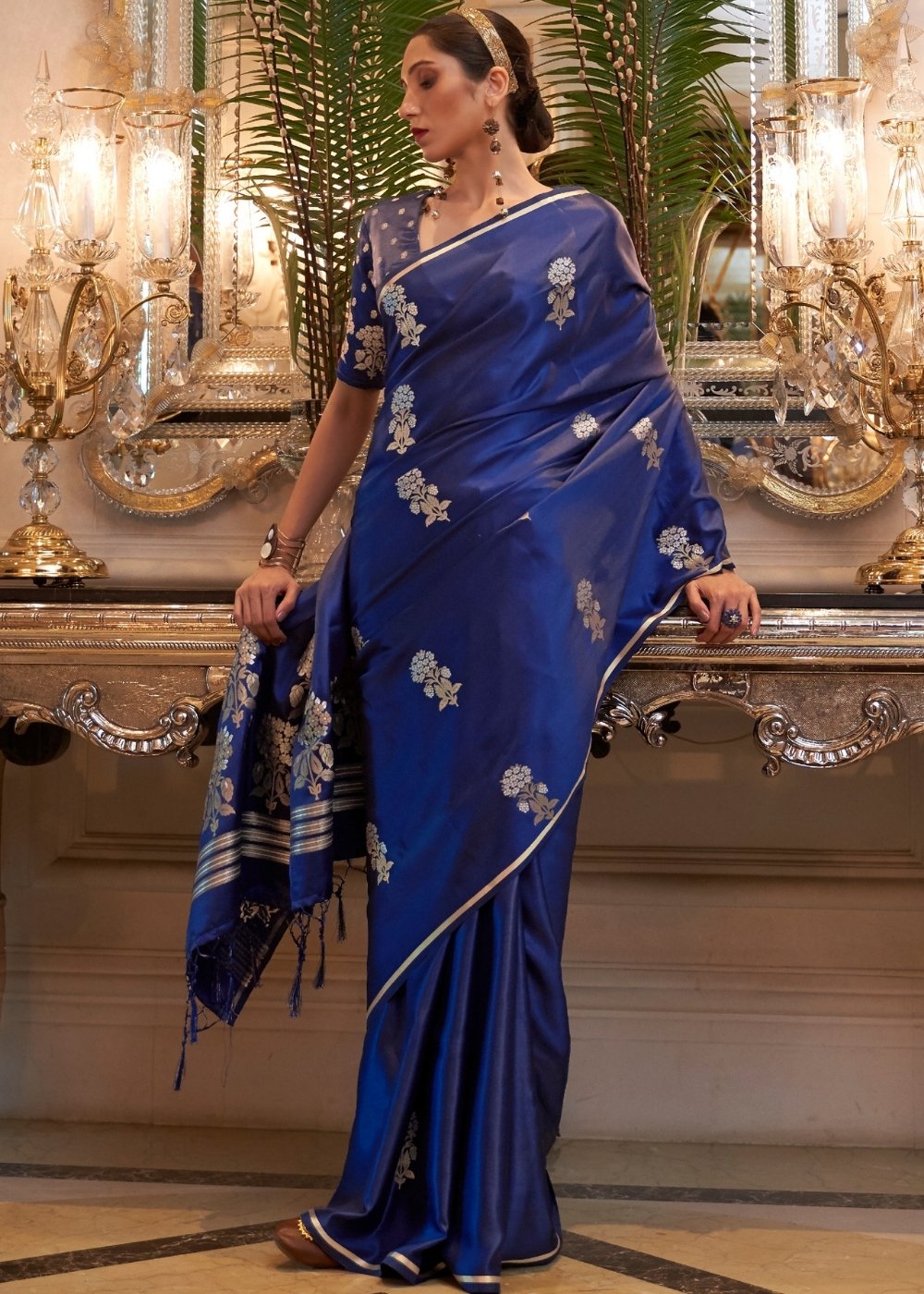 Midnight Blue Designer Satin Silk Saree