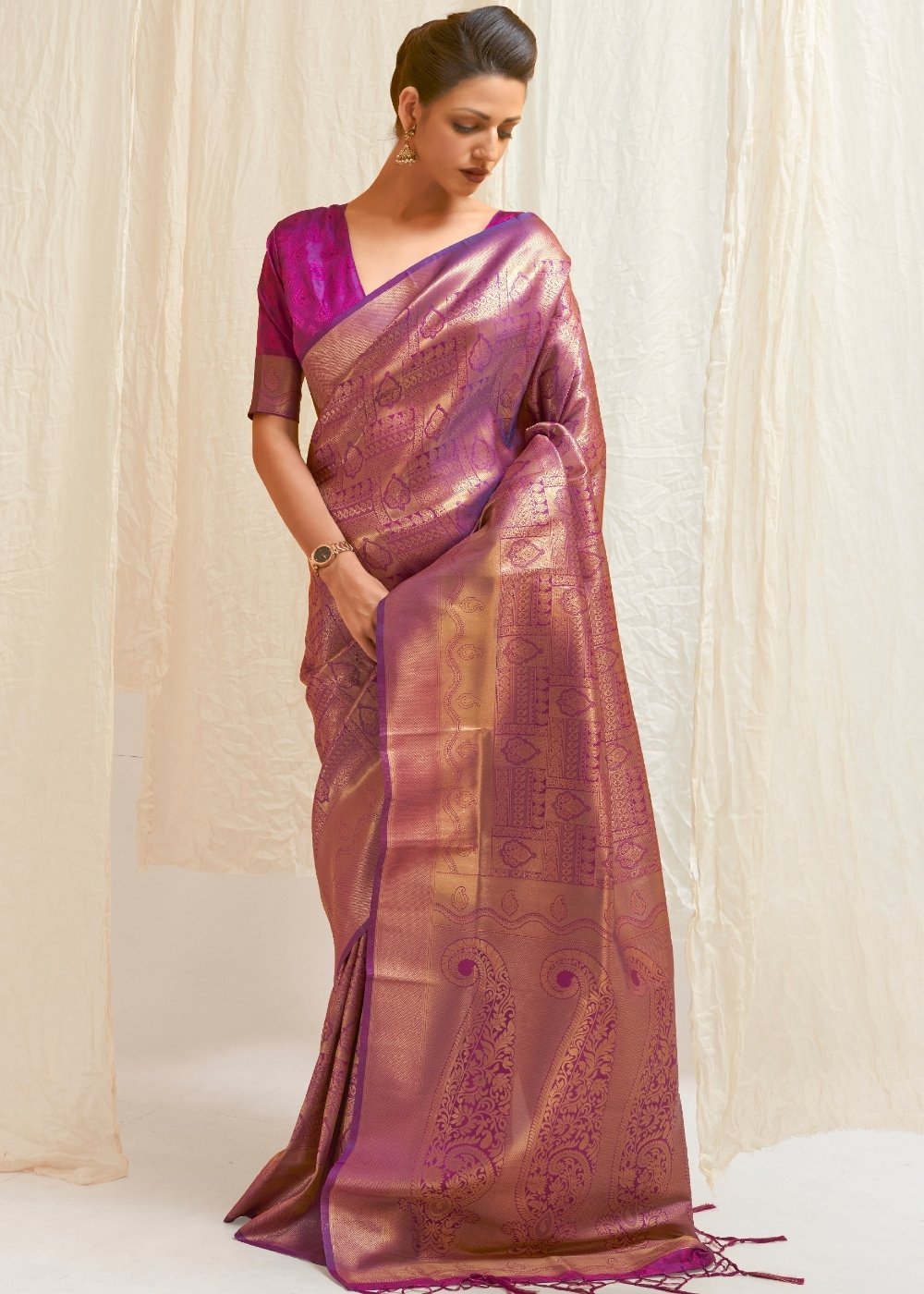 Deep Purple & Golden Blend Kanjivaram Silk Saree