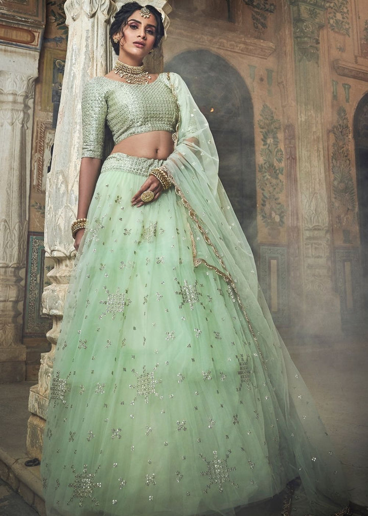 Sea Green Soft Net Lehenga with Sequins & Zari work