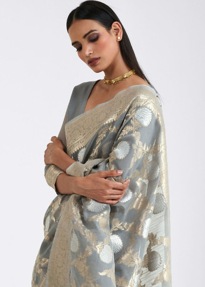 Seal Grey Zari Woven Linen Silk Saree